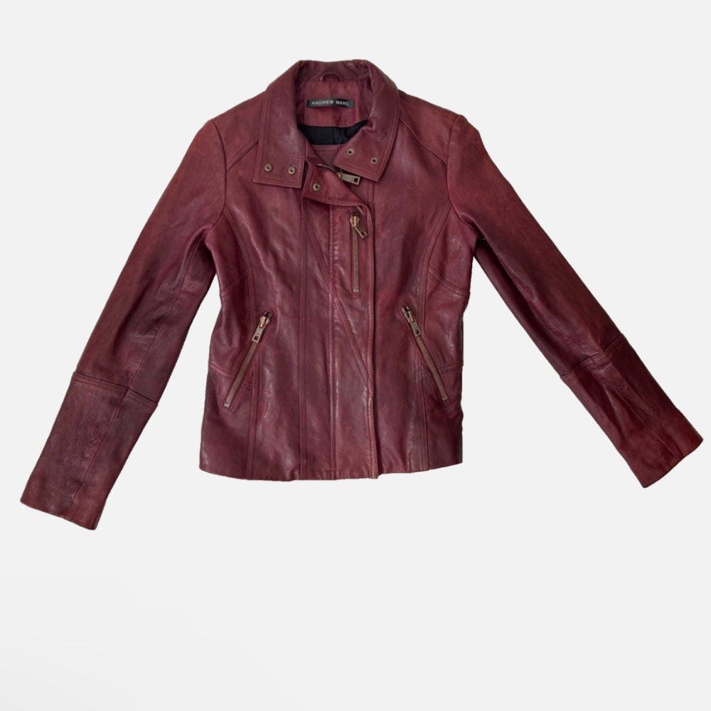 Andrew Marc Women’s Leather Moto Jacket Burgundy Racer Small